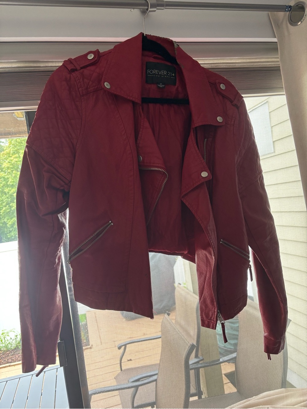 Forever 21 Red Faux Leather Moto Jacket with Zip Pockets